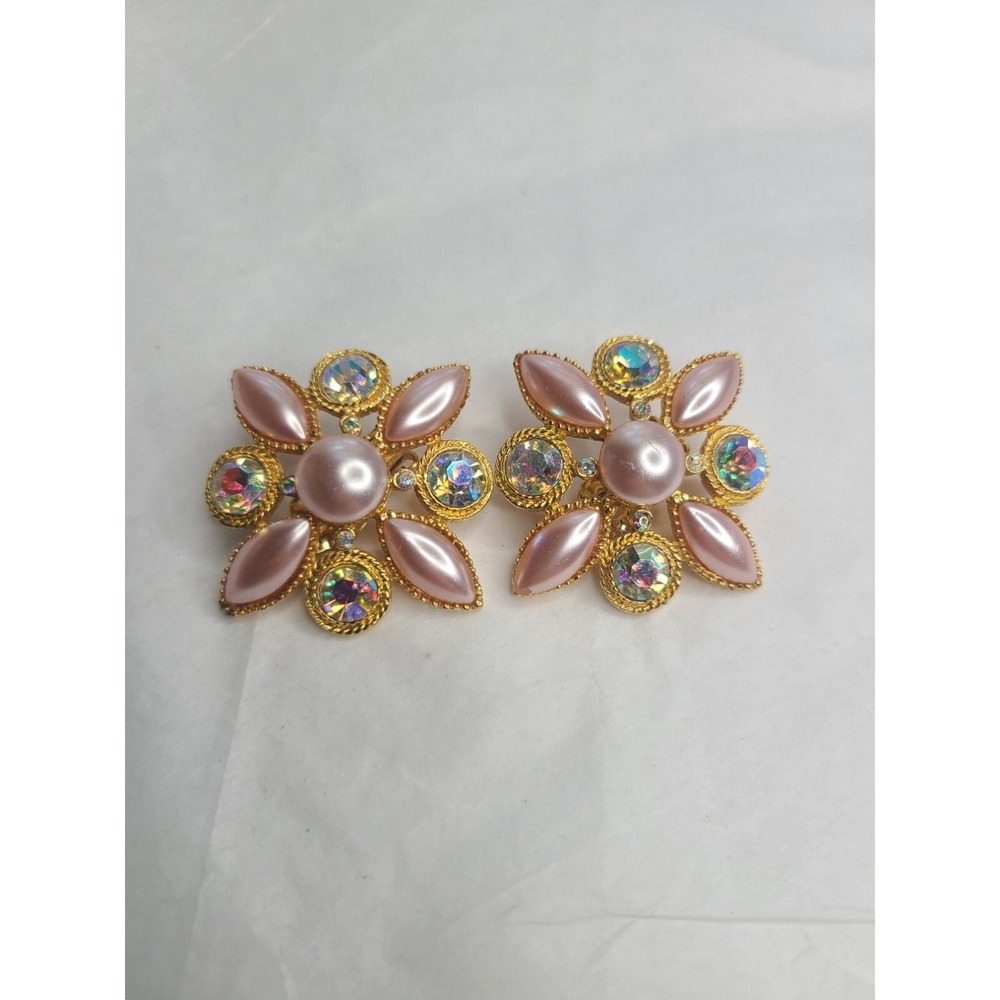 Vintage Gold-Tone Rhinestone & Pearl Clip-On Earrings Floral Design